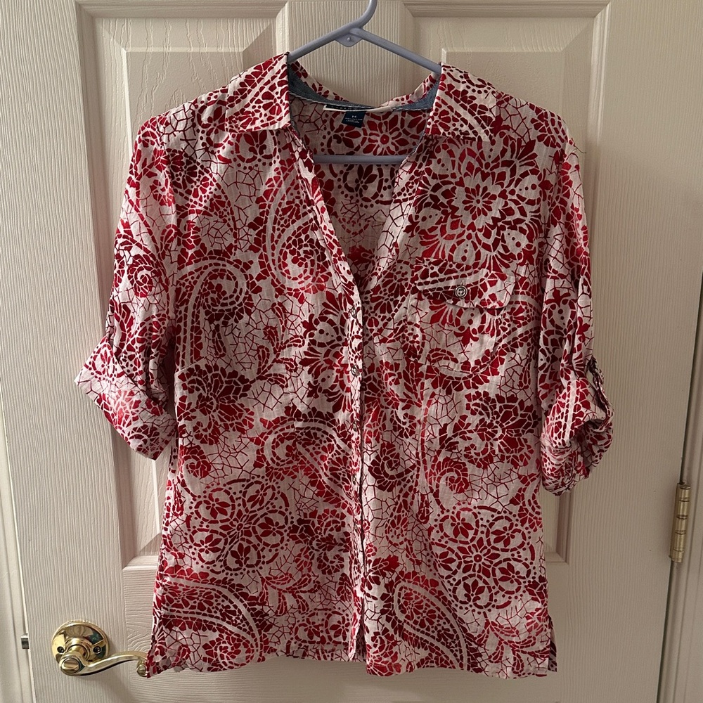 Karen Scott Red and White Paisley Button Down Shirt